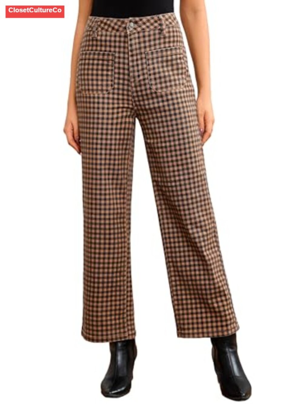 Gingham Plaid High Waist Wide Leg Cropped Pants Casual Trousers
